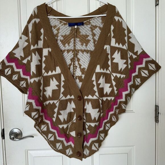 Woman’s Aztec Print Knit Sweater Short Sleeve Poncho Shawl Brown Pink White Sz M - Picture 1 of 9